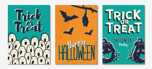 Wall Mural - Colored halloween party invitation, banner, poster or postcard with scary horrible pumpkin, bats and ghost illustrations for october holiday design