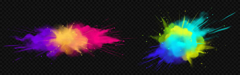 Wall Mural - color powder explosions isolated on transparent background. splash of paint dust with particles. vec