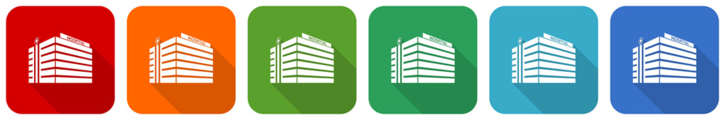 Leinwandbilder - Hospital building icon set, flat design vector illustration in 6 colors options for webdesign and mobile applications
