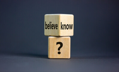 conflict of knowing or believing. wooden cubes with words 'believe' and 'know'. beautiful grey backg