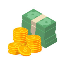 Stack Of Cash Symbol Flat Style Isometric Illustration. Dollars Bundles, Gold Coins With Dollar Sign. Money Vector Illustration.