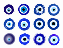Mega Set Of Grunge Hand Drawn Turkish Evil Eye. Mandala Greek Evil Eye. Symbol Of Protection In Greece, Cyprus. Amulet From Evil Eye. Vector Blue Turkish Fatima's Eye. Magic Item, Attribute.