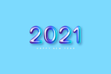 Wall Mural - 2021 New Year sign. 3d metallic colorful numbers on blue background. Glossy realistic 2021. Vector illustration.