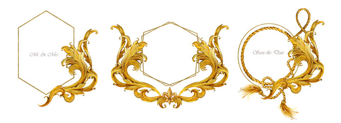 gold shiny vintage frames. set of gorgeous decorative frame. watercolor illustration.