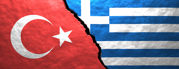 Canvas Print - Greek and turkish  flags on cracked wall background. 3d illustration