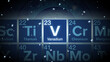 Close up of the Vanadium symbol in the periodic table, tech space environment.	