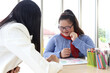 © Stella - Disabled kids classroom, down syndrome children try to focus on lesson during study at school, kids learning together, schoolgirls studding in classroom