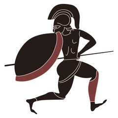 Running ancient Greek warrior in helmet with shield and spear. 