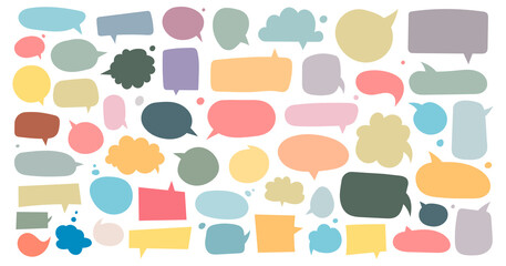 Poster - Big set of dialog boxes different variants drawn by hand. Vector flat illustrations. Collection pastel colors doodle for talk, dialogue, decoration on white background
