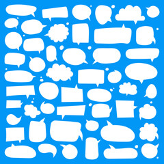 Poster - Big set of dialog boxes different variants drawn by hand. Vector flat illustrations. Collection white doodle for talk, dialogue, decoration on blue background