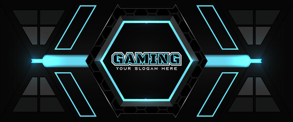 Wall Mural - futuristic blue and black abstract gaming banner design template with metal technology concept. vect