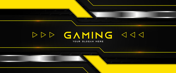 Futuristic yellow and black abstract gaming banner design template with metal technology concept. Vector graphic for business corporate promotion, game header social media, live streaming background