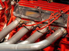 Red Hot Rod V8 Engine Manifold And Spark Plus Wires