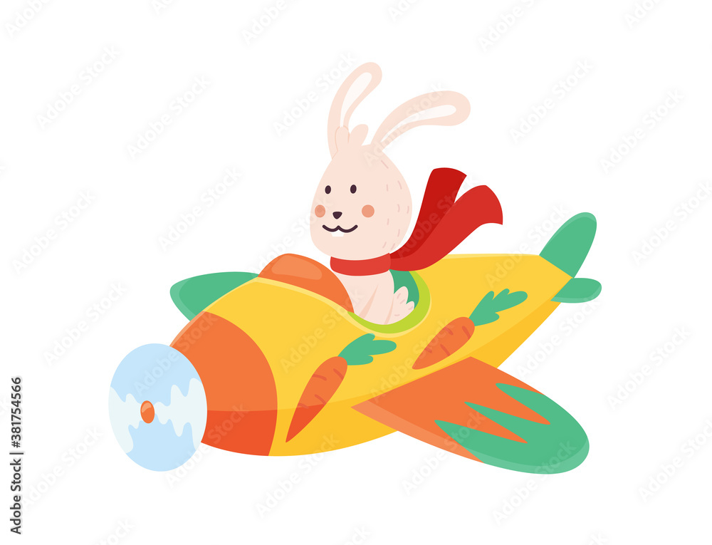 Cute rabbit flying an airplane with scarf fluttering. Funny pilot ...