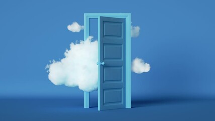 Wall Mural - 3d animation of white clouds floating through the opening door inside the empty blue room, surreal dream concept
