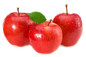 Wall Mural - red apples with green leaves isolated on a white background