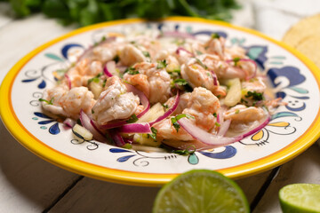 Wall Mural - Mexican shrimp raw aguachile on white background