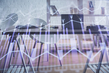 Multi exposure of stock market chart drawing and office interior background. Concept of financial analysis.