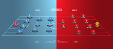 Football Or Soccer Match Lineups Formation Infographic. Set Of Football Player Position On Soccer Filed. Football Kit Or Soccer Jersey Icon In Flat Design. Vector Illustration.