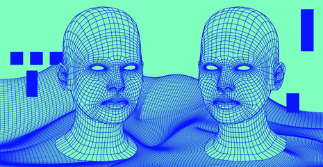 Aufkleber - 3D human face structure on glitched background. Artificial Intelligence and Neural network concept.