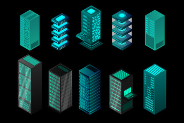 Poster - isometric set server equipment isolated background