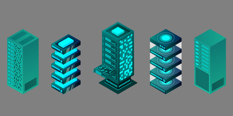 Poster - isometric set server equipment isolated background