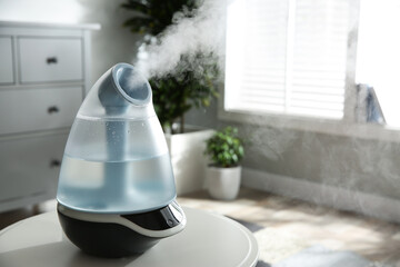 Wall Mural - Modern air humidifier on table indoors. Space for text