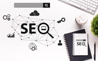Poster - Seo Optimization Scheme With Web Icons, White Office Table Background