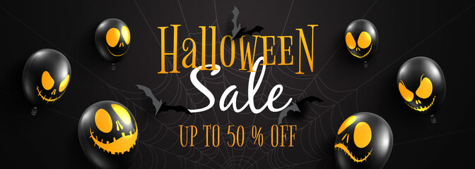 Aufkleber - Happy halloween sale banner background template.Black halloween balloons and flying bats on black background paper cut style.