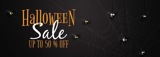 Aufkleber - Happy halloween sale banner background template.Black halloween spiders on spider web background paper cut style.