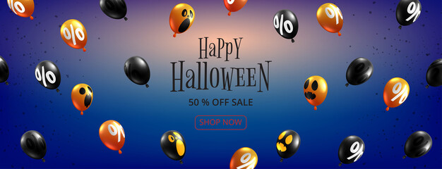Aufkleber - Happy Halloween sale banner background paper cut style.Halloween ghost balloons flying on blue background.