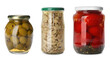 Set of jars with pickled tomatoes, olives and mushrooms on white background. Banner design
