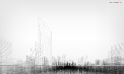 Poster - wireframe city background. perspective 3d render of building wireframe. vector.