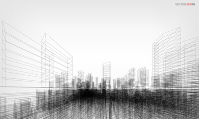 Poster - wireframe city background. perspective 3d render of building wireframe. vector.