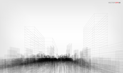 Poster - wireframe city background. perspective 3d render of building wireframe. vector.