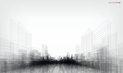 Poster - wireframe city background. perspective 3d render of building wireframe. vector.
