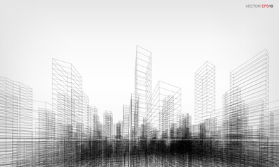 Poster - wireframe city background. perspective 3d render of building wireframe. vector.