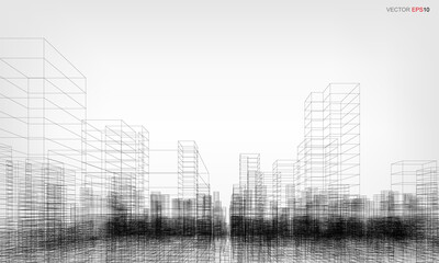 Poster - wireframe city background. perspective 3d render of building wireframe. vector.