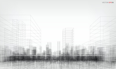 Poster - wireframe city background. perspective 3d render of building wireframe. vector.