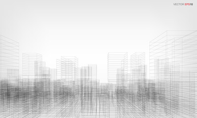 Poster - wireframe city background. perspective 3d render of building wireframe. vector.