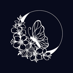 Crescent moon with butterfly and floral style decoration