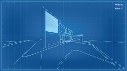 Fototapete - Blueprint Perspective. 3D render of tropical house wireframe. Vector illustration of house construction.