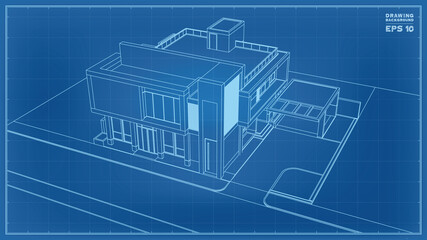 Fototapete - Blueprint Perspective. 3D render of tropical house wireframe. Vector illustration of house construction.