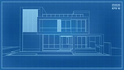 Wall Mural - Blueprint Perspective. 3D render of tropical house wireframe. Vector illustration of house construction.