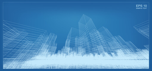 Poster - abstract 3d perspective render of building wireframe. architectural construction graphic idea. vecto