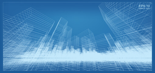 Poster - abstract 3d perspective render of building wireframe. architectural construction graphic idea. vecto