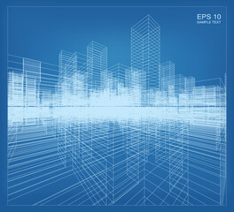 Poster - abstract 3d perspective render of building wireframe. architectural construction graphic idea. vecto