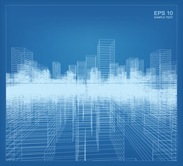 Abstract 3D perspective render of building wireframe. Architectural construction graphic idea. Vector.