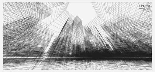 Wall Mural - Perspective 3D render of building wireframe. Abstract wireframe city background of building. Vector.