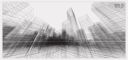 Poster - perspective 3d render of building wireframe. abstract wireframe city background of building. vector.